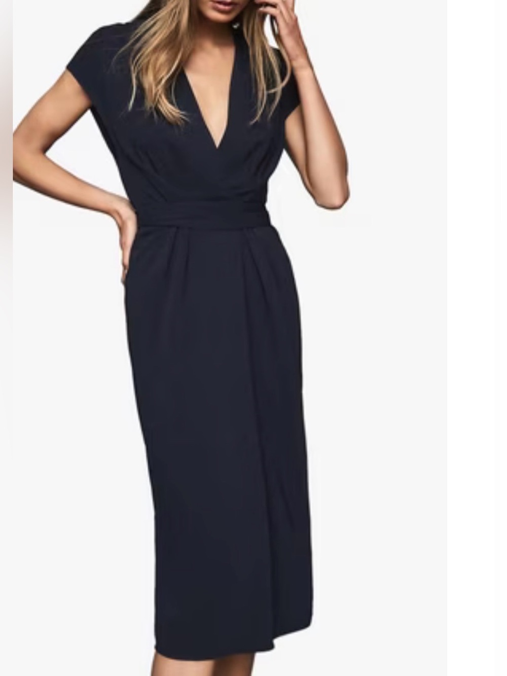 NWT Reiss Maxime Navy Wrap Front Slim Fit Midi Dress Tie Waist US 8